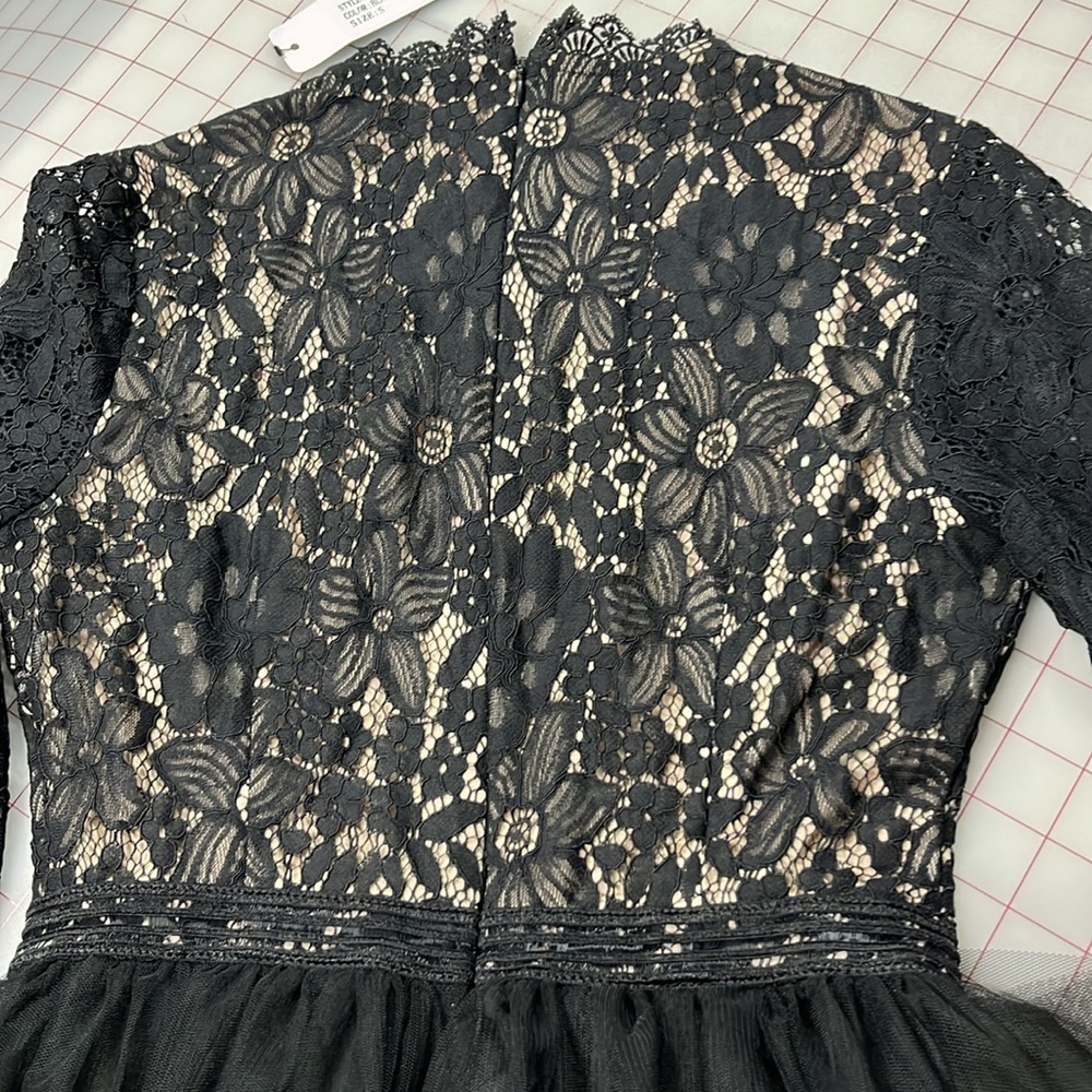 INA NWT Lace Ruffle Tulle Long SLV Hi Neck Black Cocktail Party Guest Dress SZ S - Picture 8 of 16
